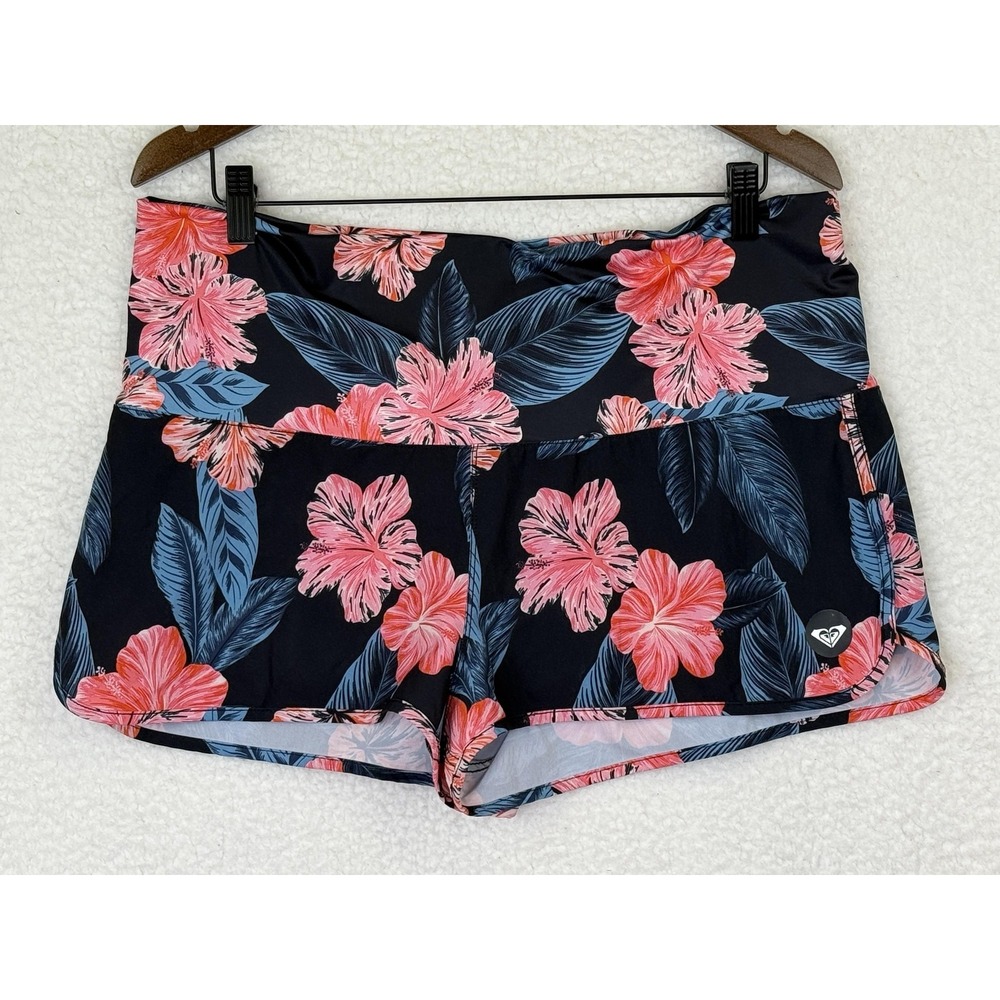 ROXY Swim Shorts Women XL Black Floral Lined Built-In Brief Endless Summer Board